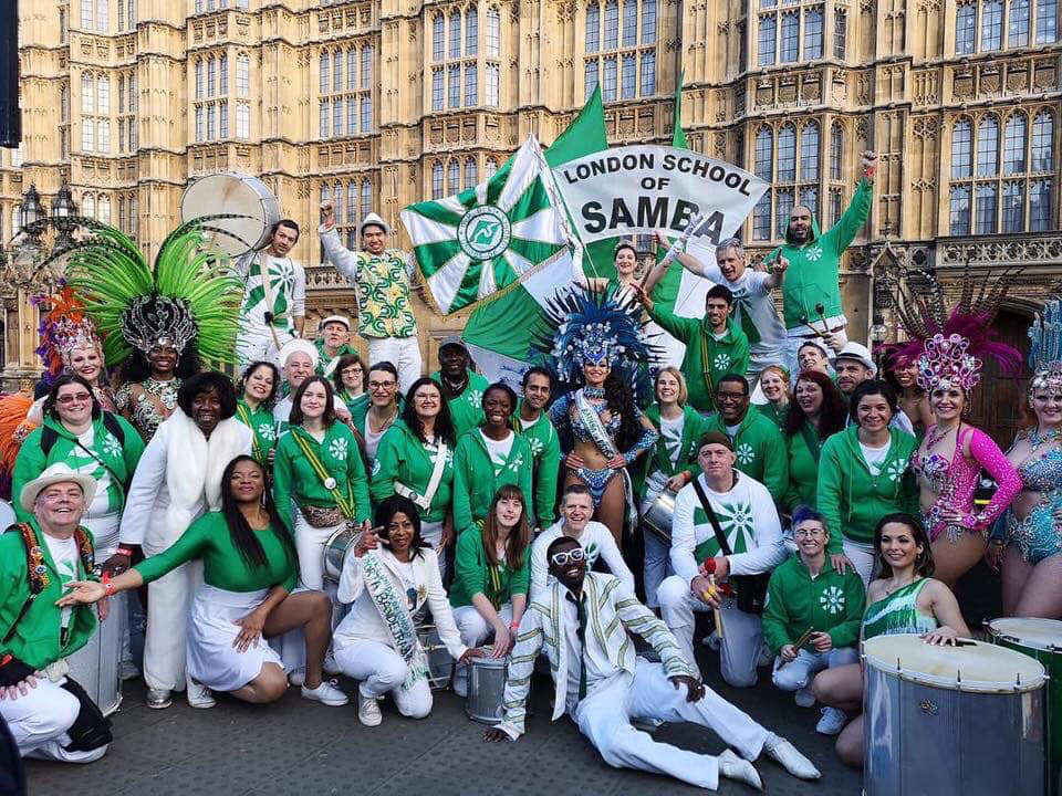 Customer reviews page - image showing the London School of Samba in front of Parliament